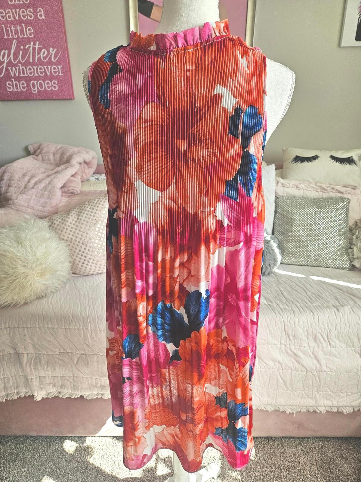 chloma Chloe+Rene Vibrant Floral Pleated Dress #370 Size L / US 10 / IT 46 - 3 Thumbnail
