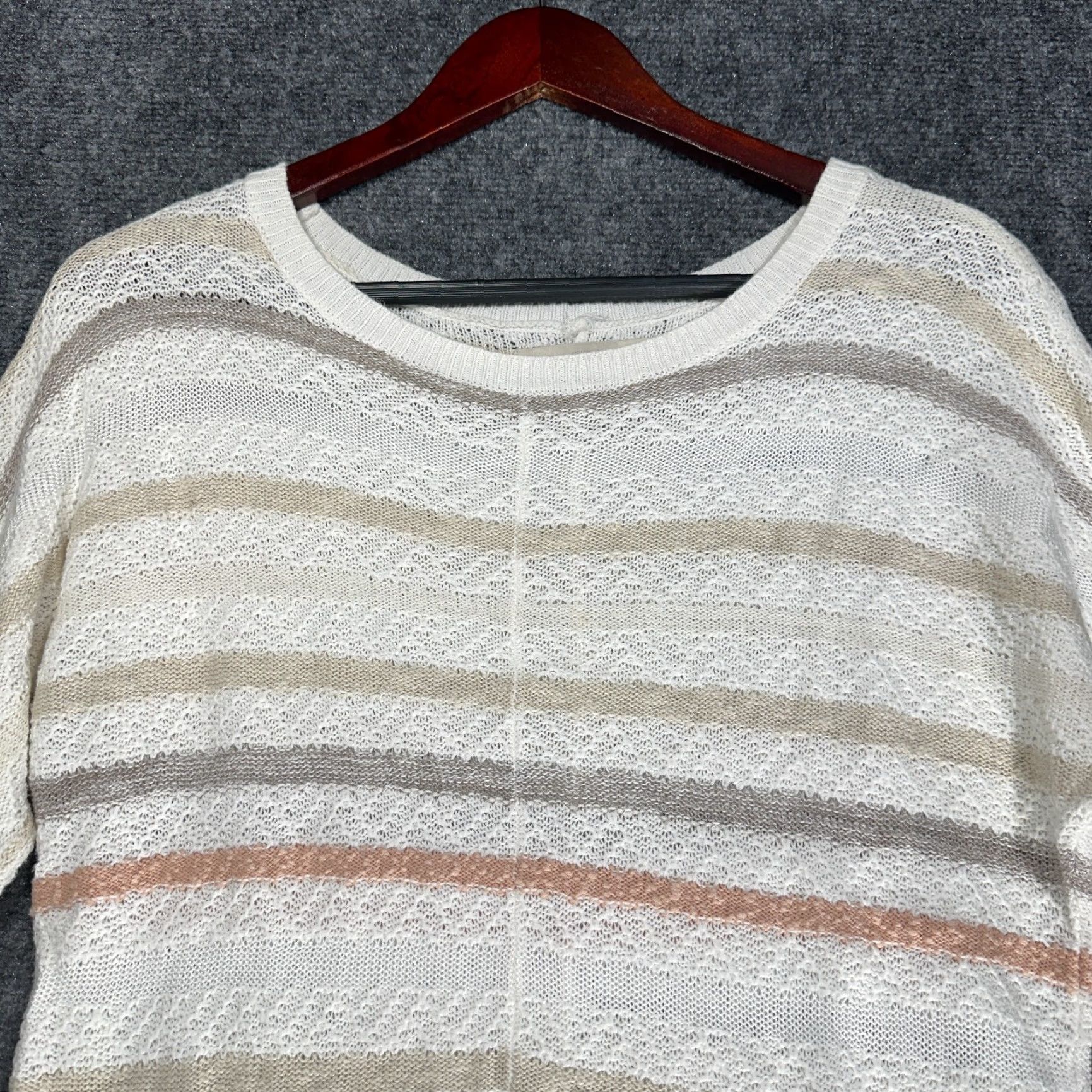 Loft LOFT Sweater Women XS White Striped Open-Knit Pockets Cotton Linen Knit Pullover Round Neck Regular Long Sleeve Vintage: No Size XS / US 0-2 / IT 36-38 - 4 Thumbnail