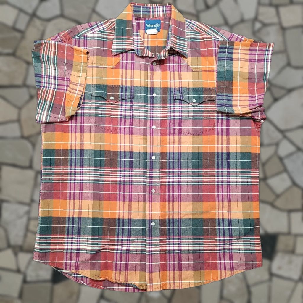 Wrangler VTG Wrangler Brushpopper Pearl Snap Shirt Mens XL Plaid Short Sleeve Orange Size US XL / EU 56 / 4 - 1 Thumbnail