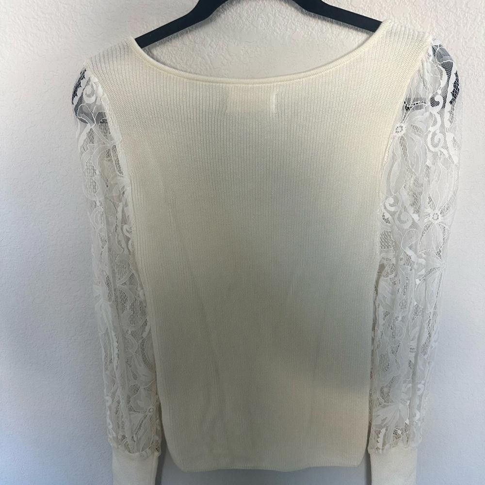 Designer Anthropologie Lace Balloon Sleeve Ribbed Sweater Ivory XS Size XS / US 0-2 / IT 36-38 - 8 Thumbnail