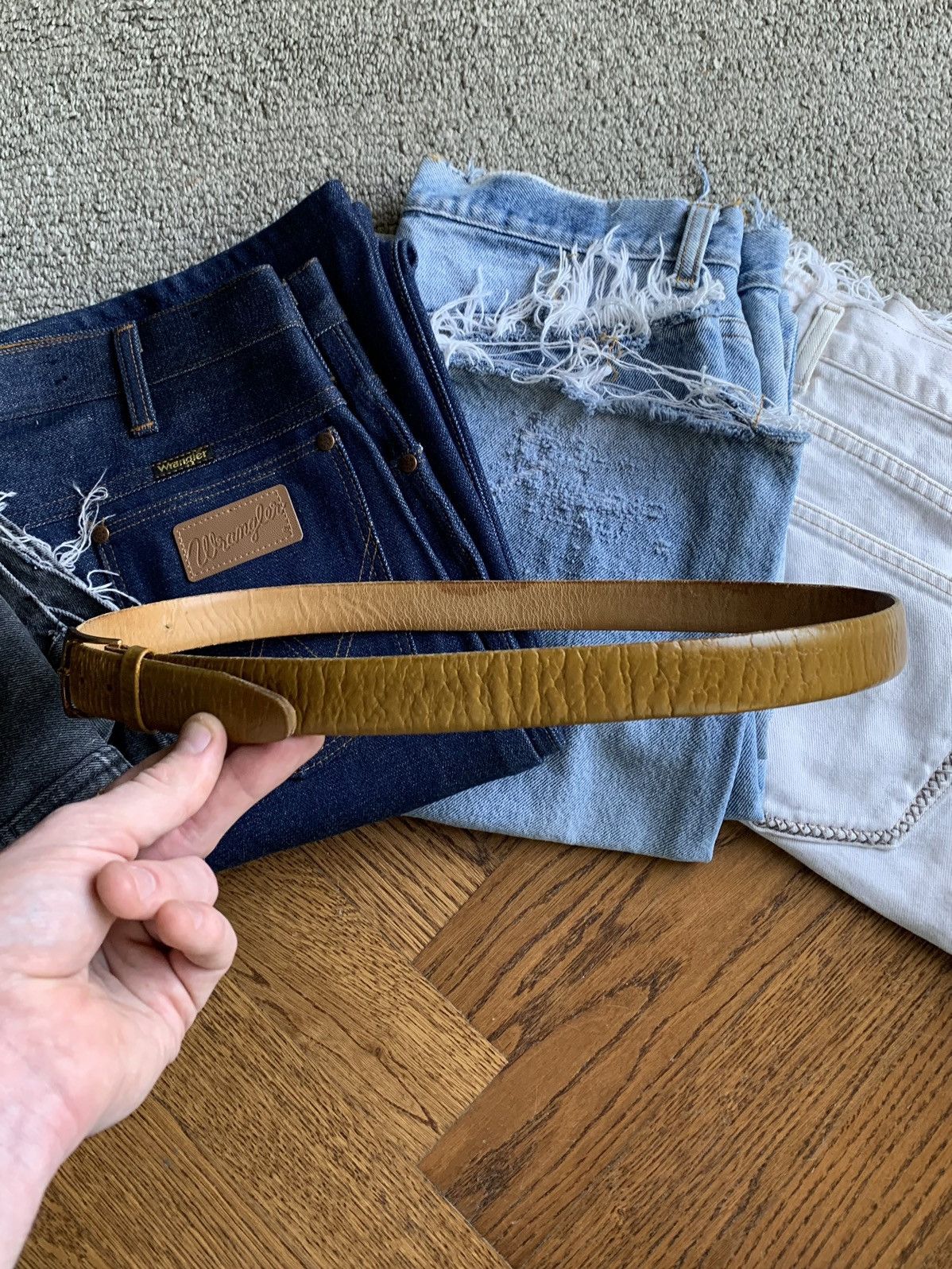 Other × Vintage Vintage Stag Grain Leather Belt 70s Deer Buckskin Odd Buckle Size ONE SIZE - 8 Thumbnail