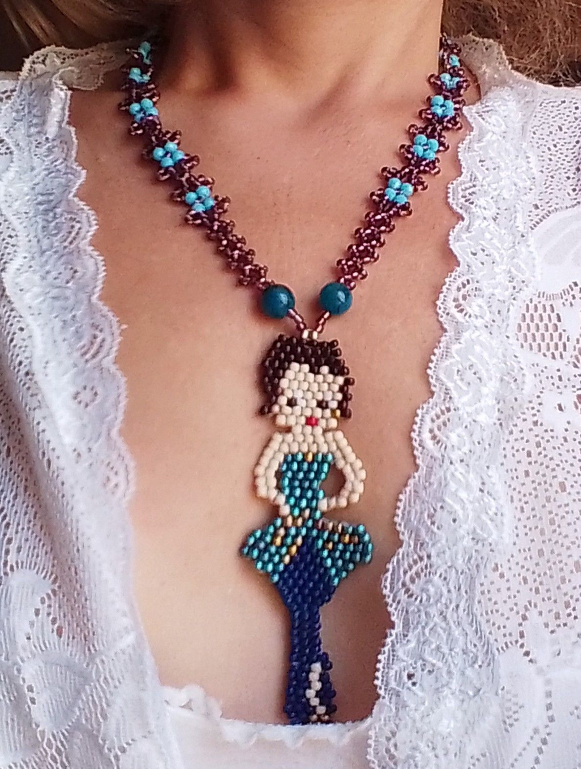 Handmade Long Boho Necklace Betty Boop pendant Apatite gemstones Size ONE SIZE - 7 Thumbnail