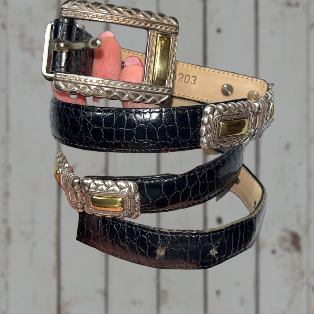 Brighton VINTAGE Brighton BELT Women Large Black Leather Croc Print Gold Silver Chain Links 44203 LRG Size ONE SIZE - 1 Thumbnail