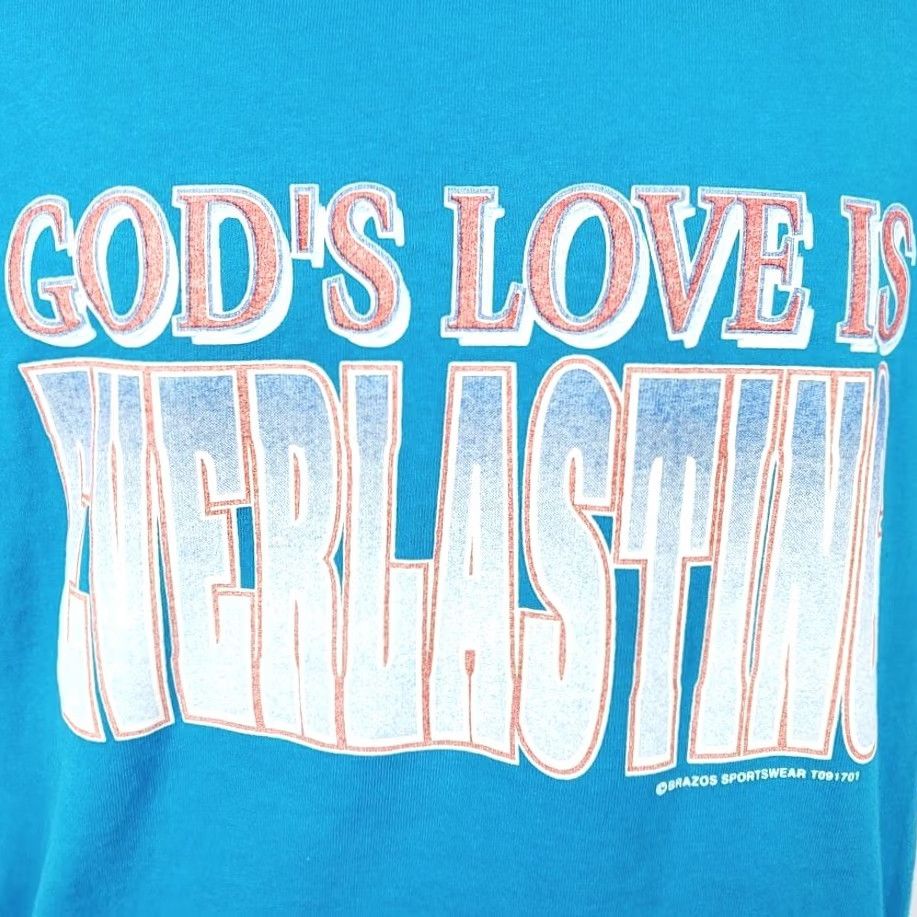 Tultex VINTAGE Tultex God’s Love Is Everlasting T Shirt Mens Size S Blue 90s Christian Graphic Tee Crew Neck Short Sleeve Size US S / EU 44-46 / 1 - 3 Thumbnail