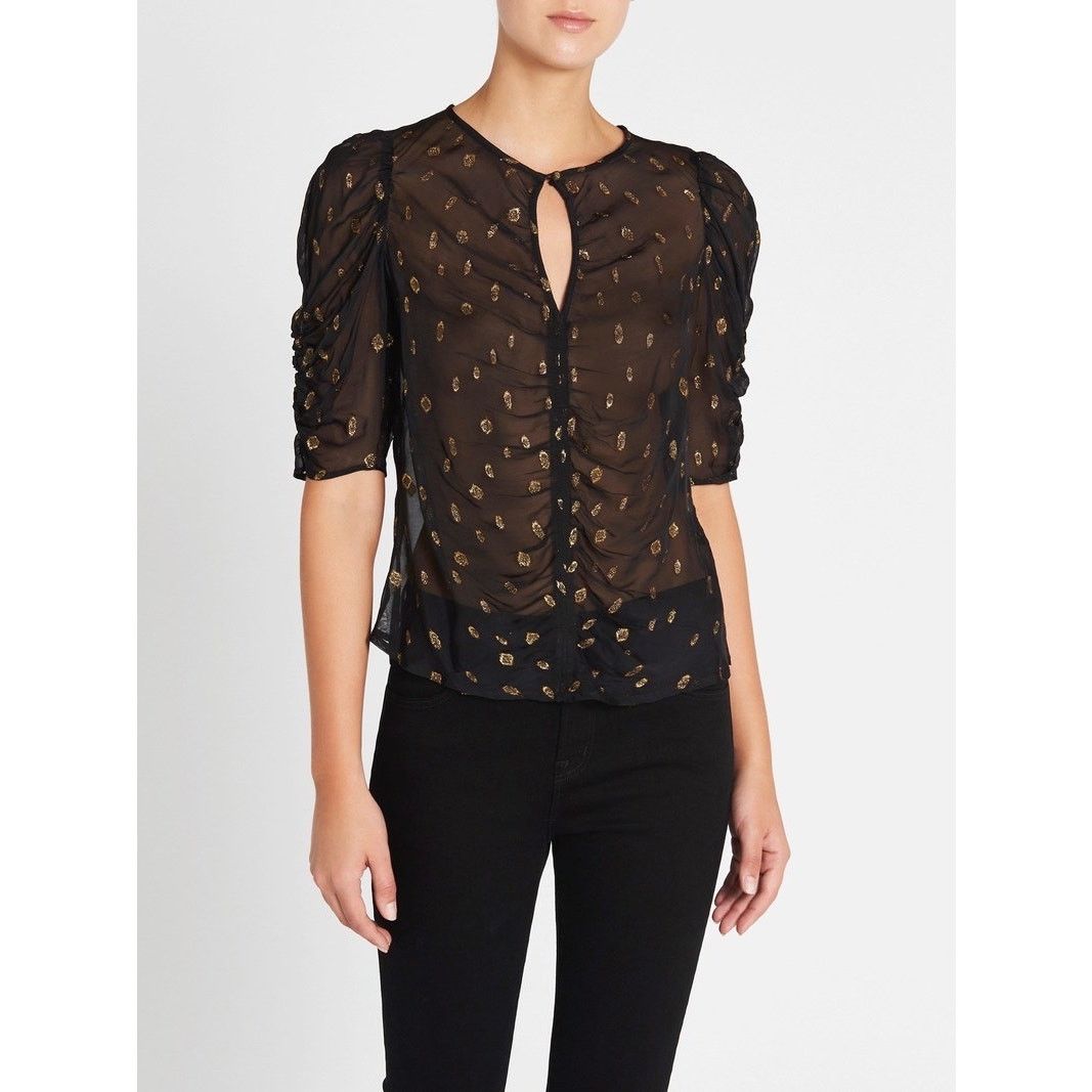 Frame FRAME $363 BLACK SHIRRED METALLIC JACQUARD KEYHOLE TOP S Size S / US 4 / IT 40 - 4 Thumbnail