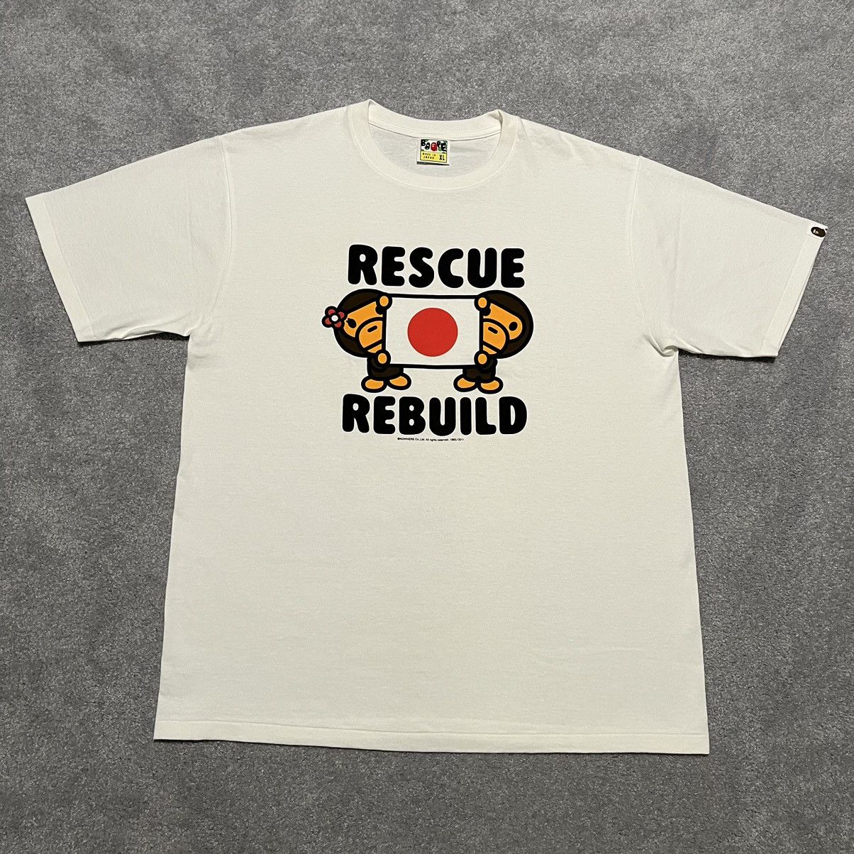 image of A Bathing Ape Bape Japan Rescue Rebuild Flag Flood Tee Shirt in White Red Black, Men's (Size XL)