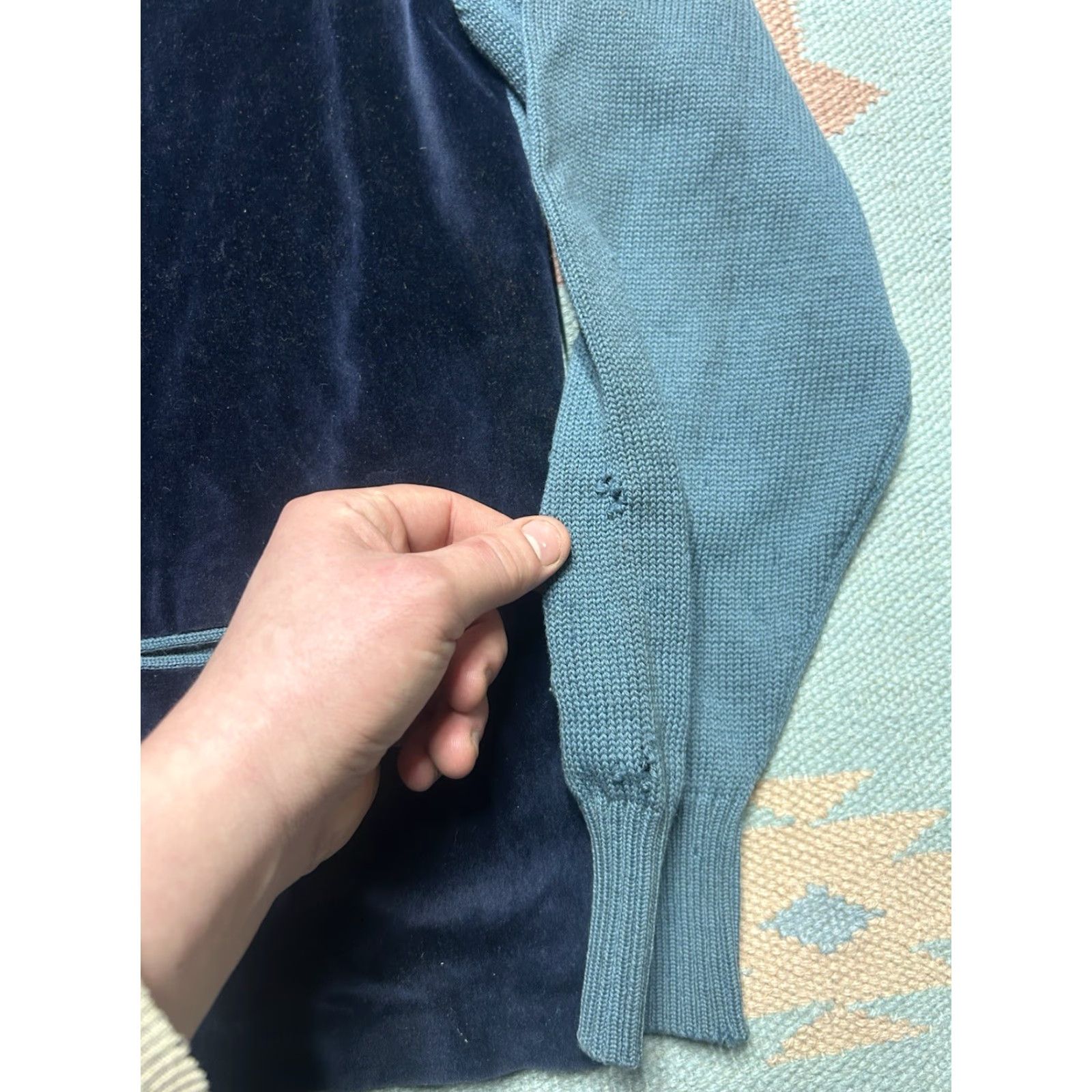 Velour VINTAGE Cardigan Mens 50s Wool Knit Velour 2 Tone Blue Medium Small Details: distressed, sweater, regular size, blue, unbranded Size US M / EU 48-50 / 2 - 3 Thumbnail