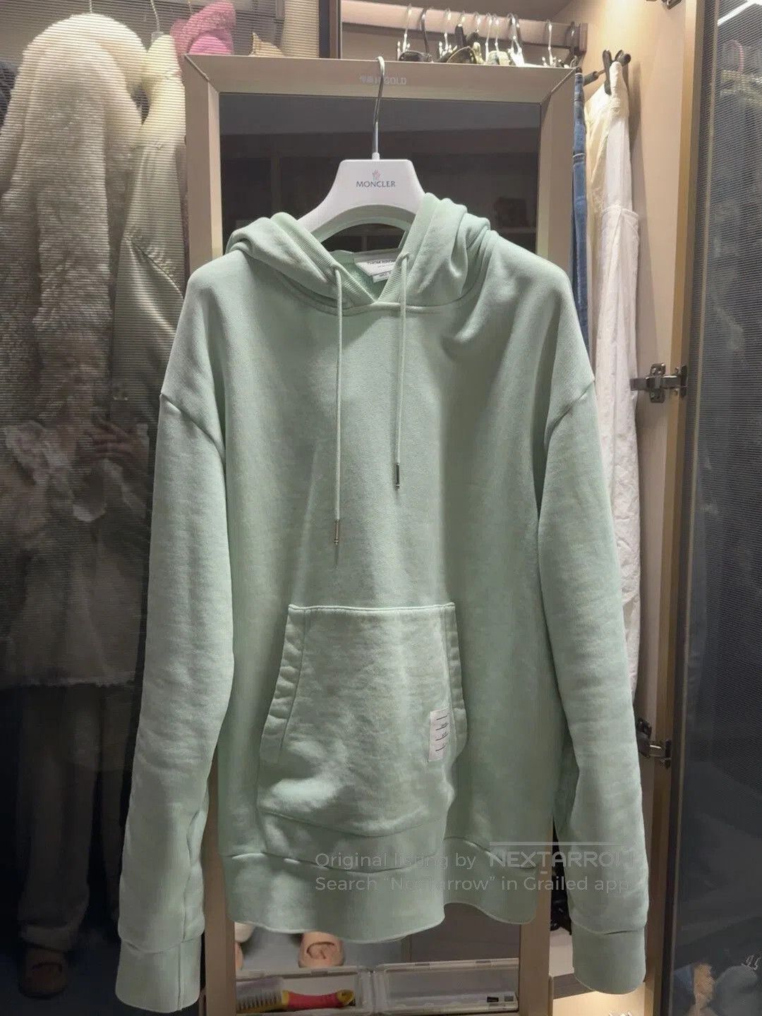 thom browne mint green hooded sweatshirt.