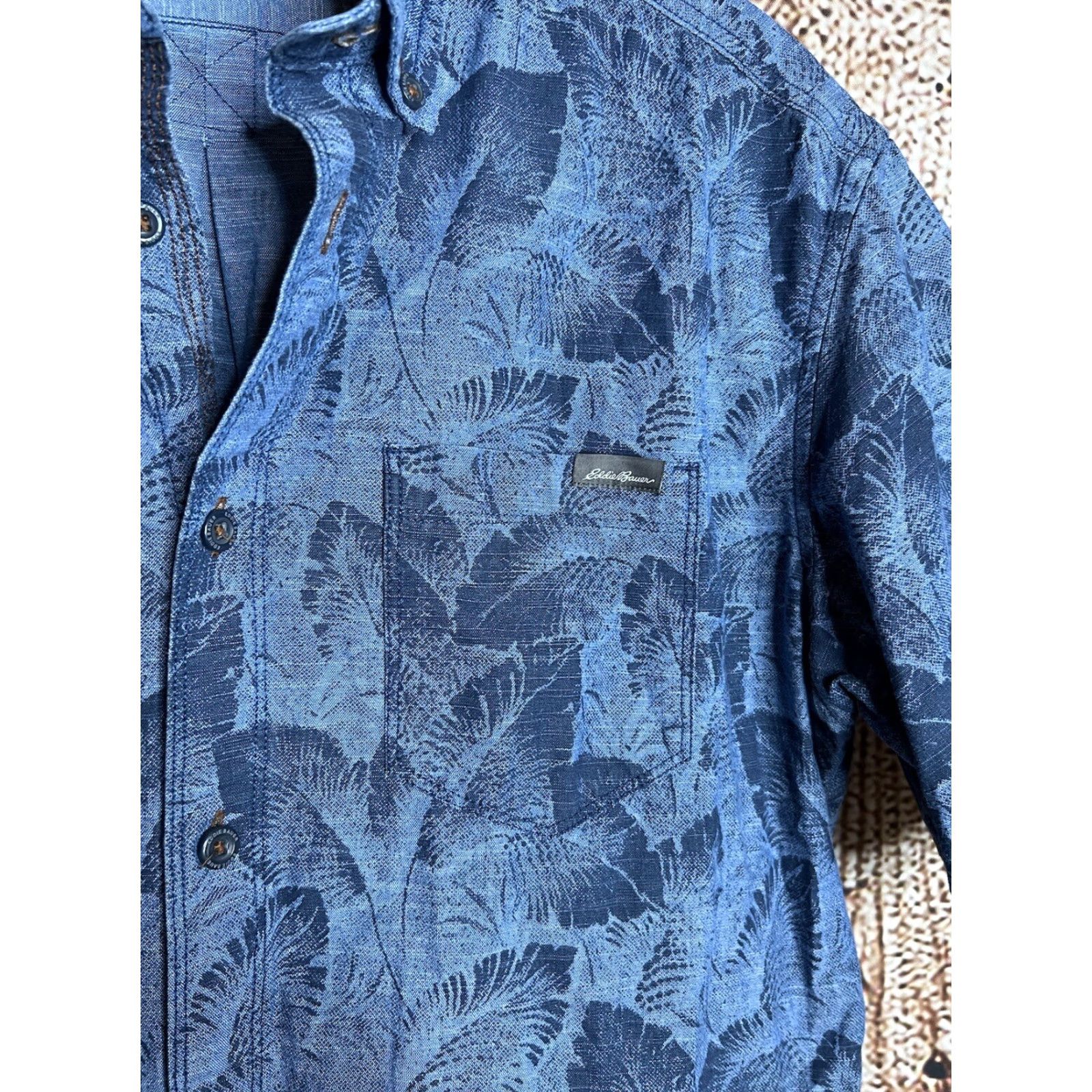 Eddie Bauer Eddie Bauer Shirt Mens L Blue Linen Blend Outdoor Camp Flora Hawaiian Short Sleeve Button-Up Collared ------------- Size US L / EU 52-54 / 3 - 3 Thumbnail