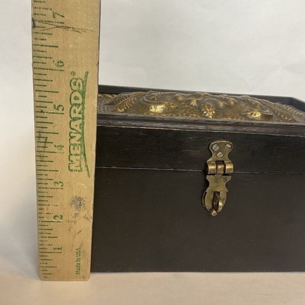 Handmade VTG Dark Brown Wooden Box W/Metal Decorative Brass OrnateTop Size ONE SIZE - 2 Thumbnail