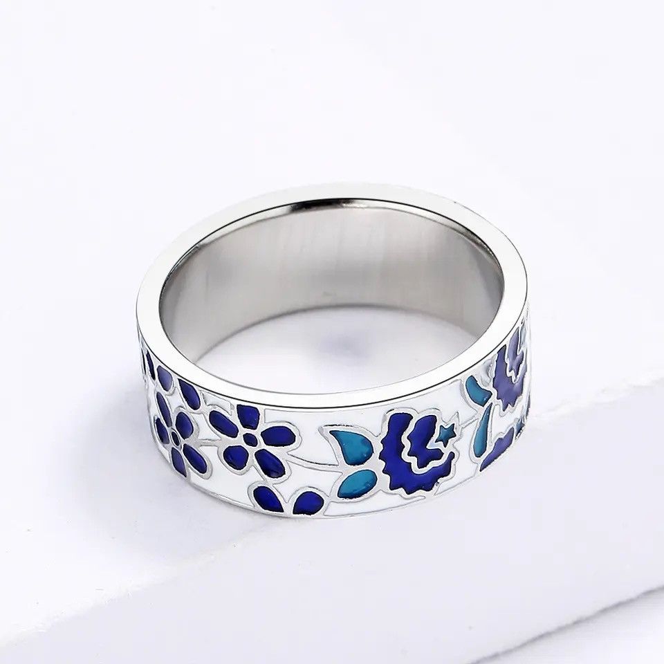 Jewelry Ring Blue Enamel Flower Size ONE SIZE - 2 Thumbnail