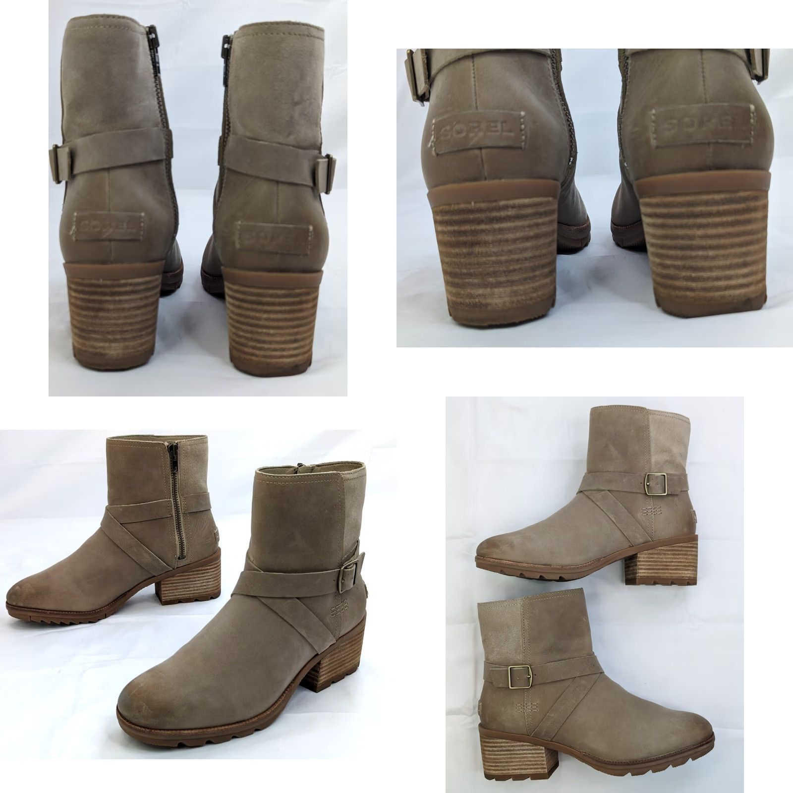SOREL SOREL Out N About Boots Women 9 Taupe Leather Ankle 8" Tall w 2.5" Heel Buckle Strap Zip NL3708-251 Brown Leather Western Casual Winter Fall Size US 9 / IT 39 - 8 Thumbnail