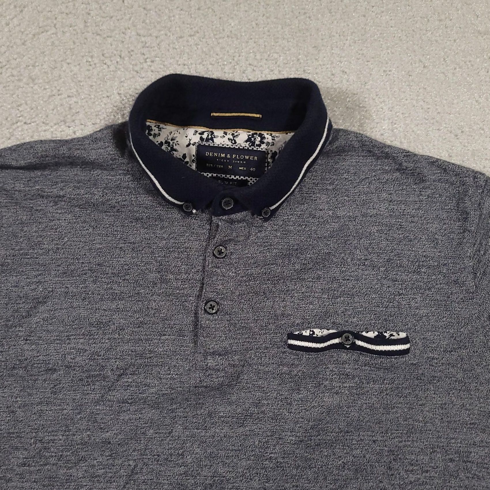 Vintage Denim & Flower Polo Shirt Mens M Gray Blue Slim Fit Short Sleeve Pocket Size US M / EU 48-50 / 2 - 3 Thumbnail