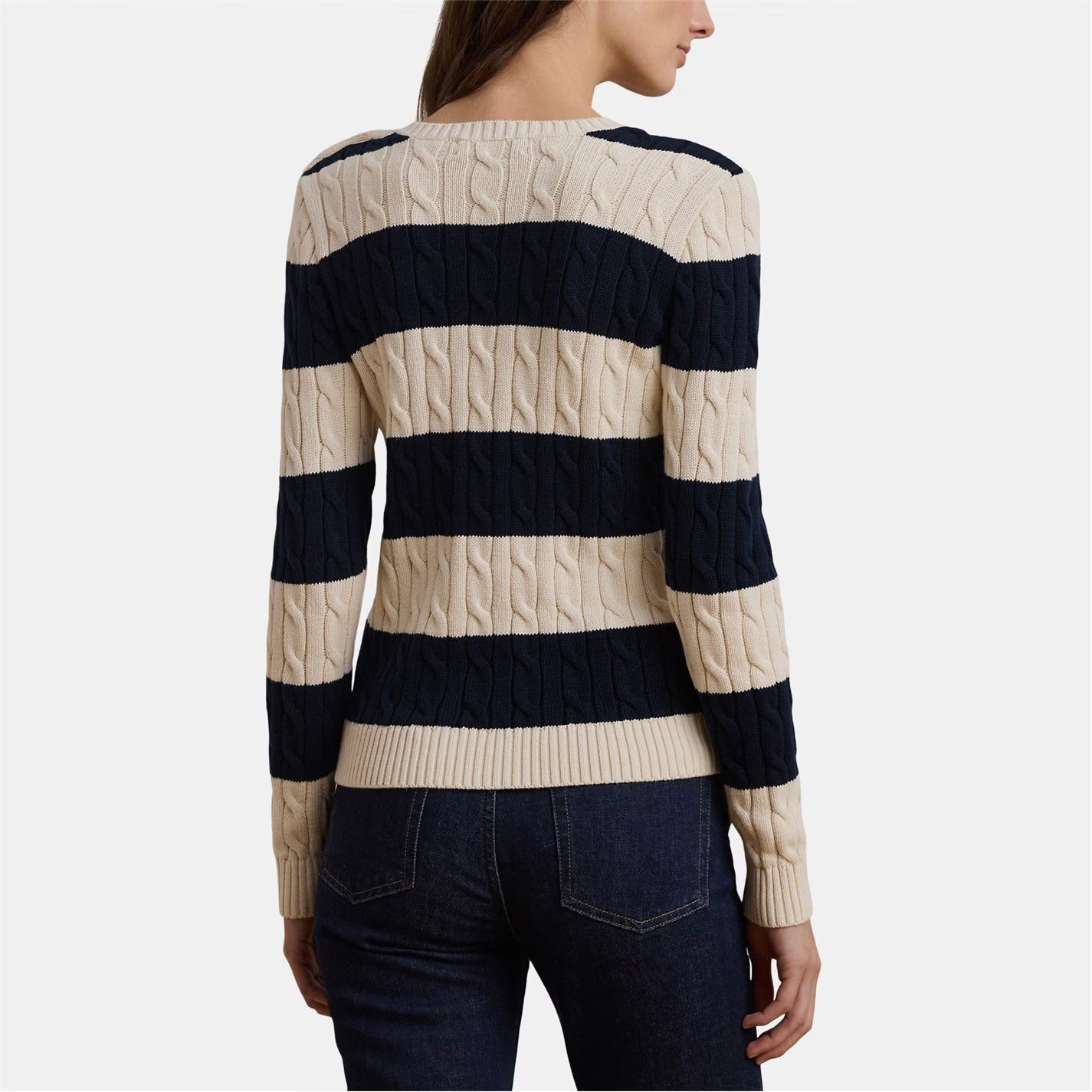Lauren Ralph Lauren o1g2r1mq0825 Montiva Cable Knit Sweatshirt in Cream/Navy Size M / US 6-8 / IT 42-44 - 3 Thumbnail