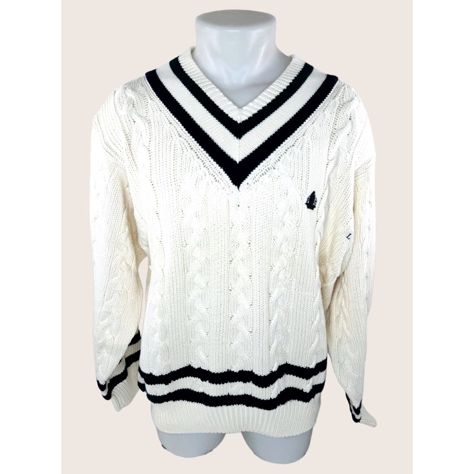 Izod IZOD Sweater - Chunky-Knit V-Neck Pullover, Embroidered, Vintage Old Stock, L, Men, Cream/Blue/Green, Knit Knit, MDL Size US L / EU 52-54 / 3 - 1 Thumbnail