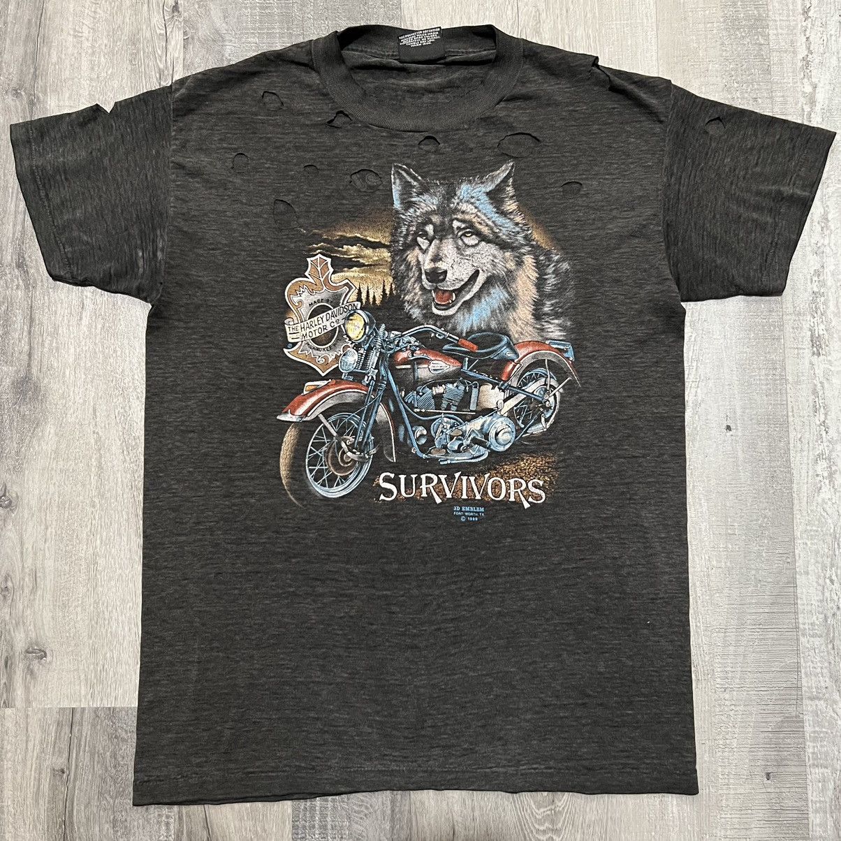 Harley Davidson × Vintage 3D Emblem VTG Harley Davidson SURVIVORS 1989 Wolf T Shirt Size US L / EU 52-54 / 3 - 1 Thumbnail