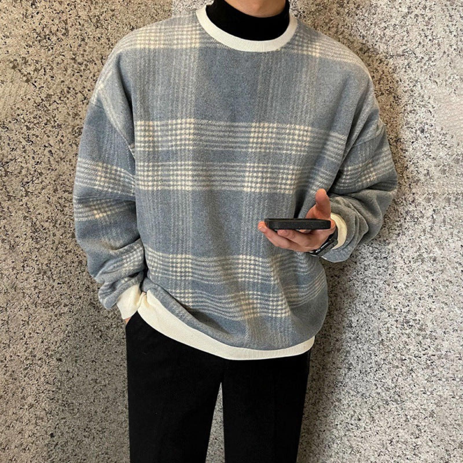 Vintage Beige Brown Plaid Crewneck Sweatshirt, Casual Fit Sweatshirt Size US M / EU 48-50 / 2 - 5 Thumbnail