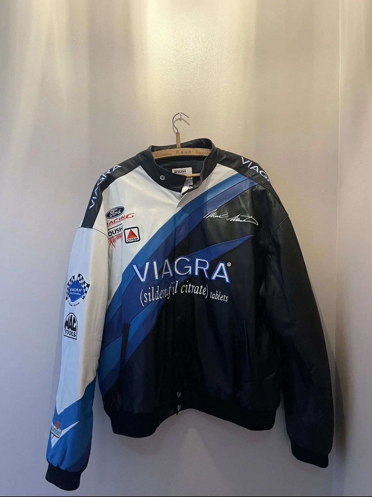 image of Jeff Hamilton x Nascar Vintage Nascar Viagra Leather Jacket Jh Design in Black/Blue/White (Size XL)