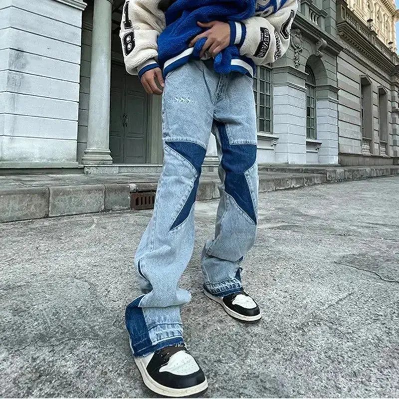 Straight jeans Harajuku style patchwork retro stars