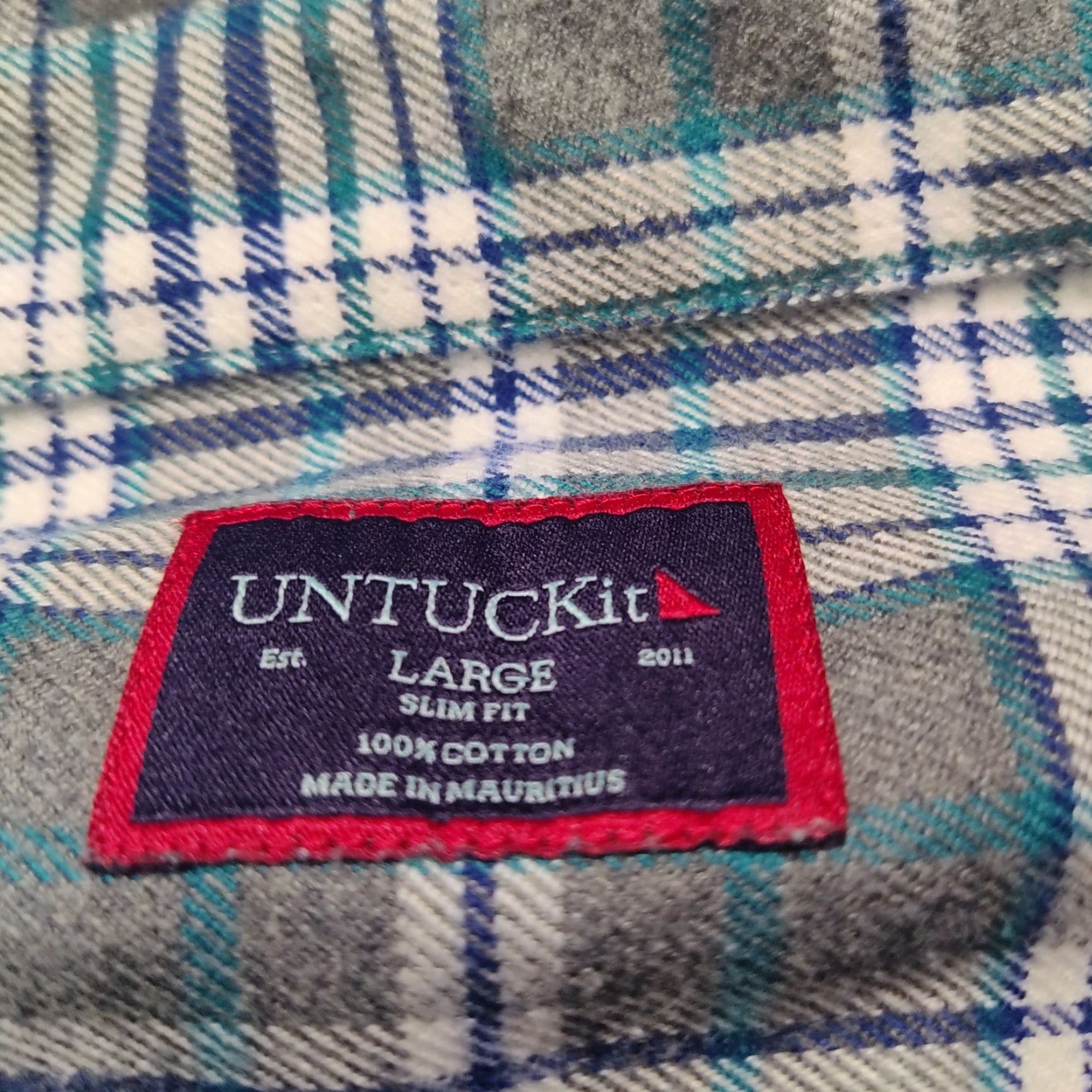 UNTUCKit UNTUCKit QUENTERRA SLIM FIT Button-Up Shirt Men L Gray Teal Plaid Cotton Long Sleeve Button Shirt Size US L / EU 52-54 / 3 - 5 Thumbnail