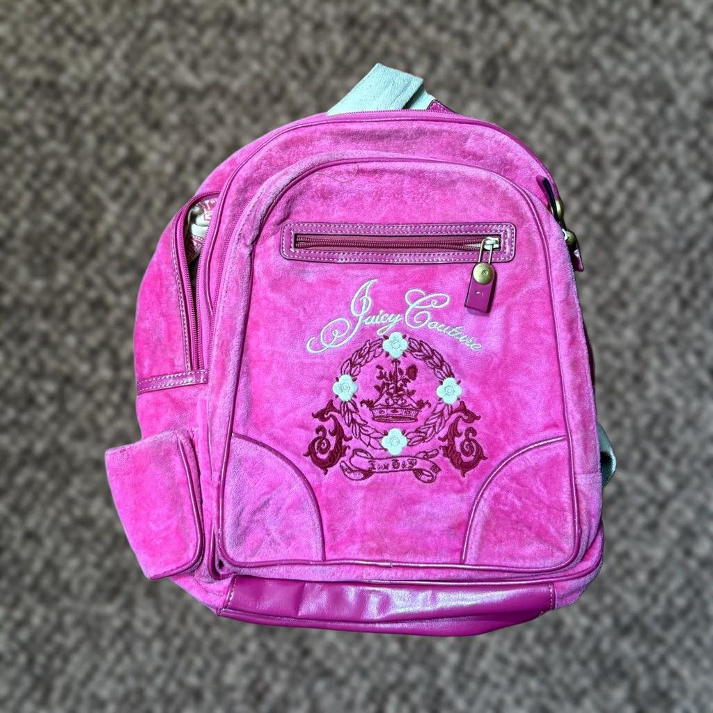 Juicy Couture VINTAGE Juicy Couture Backpack Bag Embroidered Velour 2000's Velvet Candy Pink Womens Medium Bag Backpack Size ONE SIZE - 1 Thumbnail