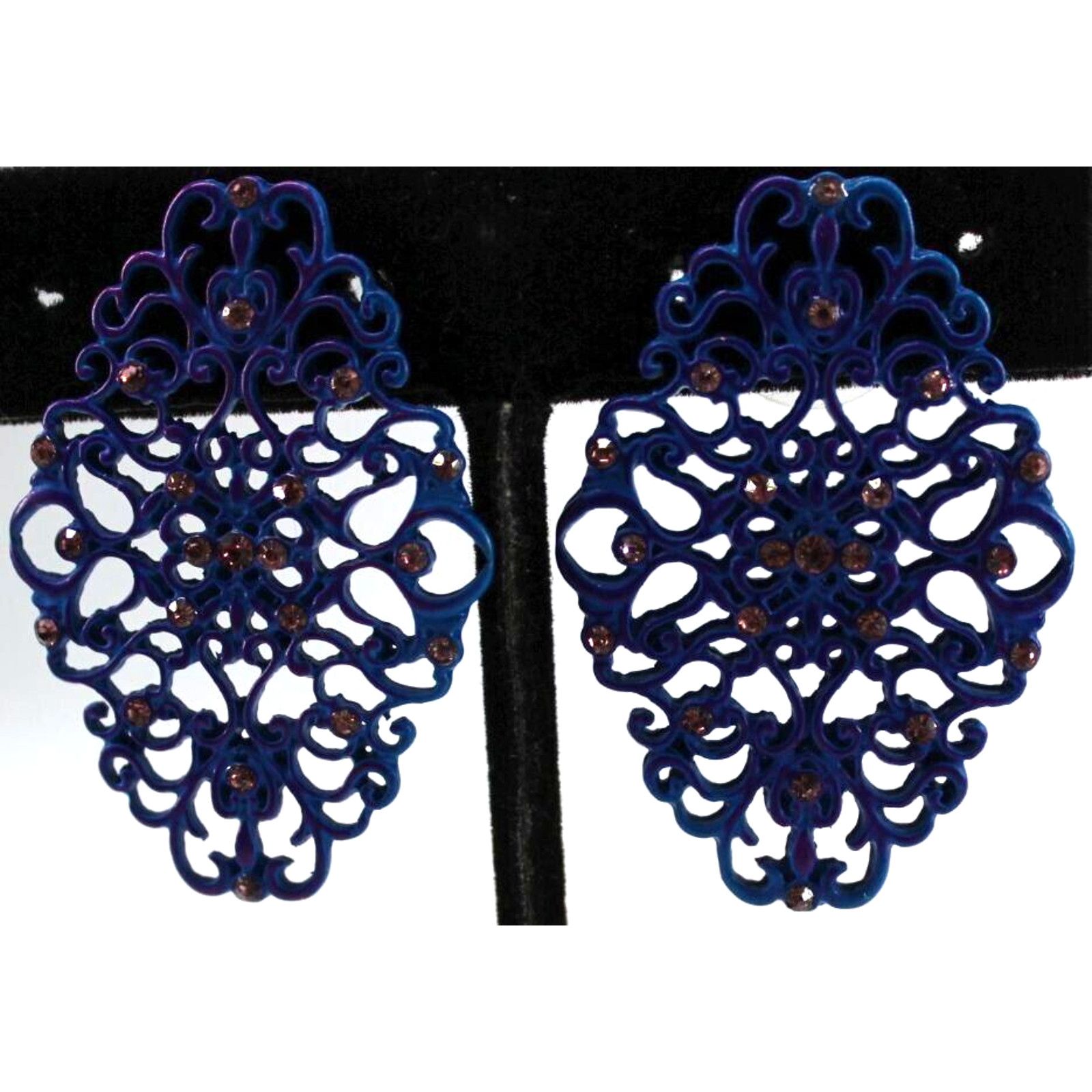 Other Blue Enamel Filigree Earrings • Violet Rhinestones • 1.5" Size ONE SIZE - 2 Thumbnail