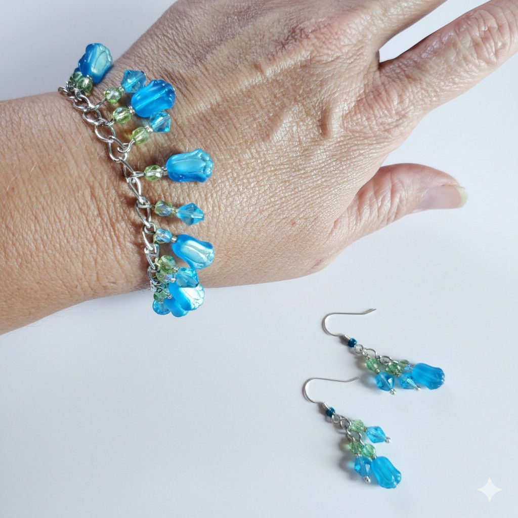 Handmade Tulip 7.5" Charm Bracelet Earrings Set Handmade Blue Czech Size ONE SIZE - 4 Thumbnail