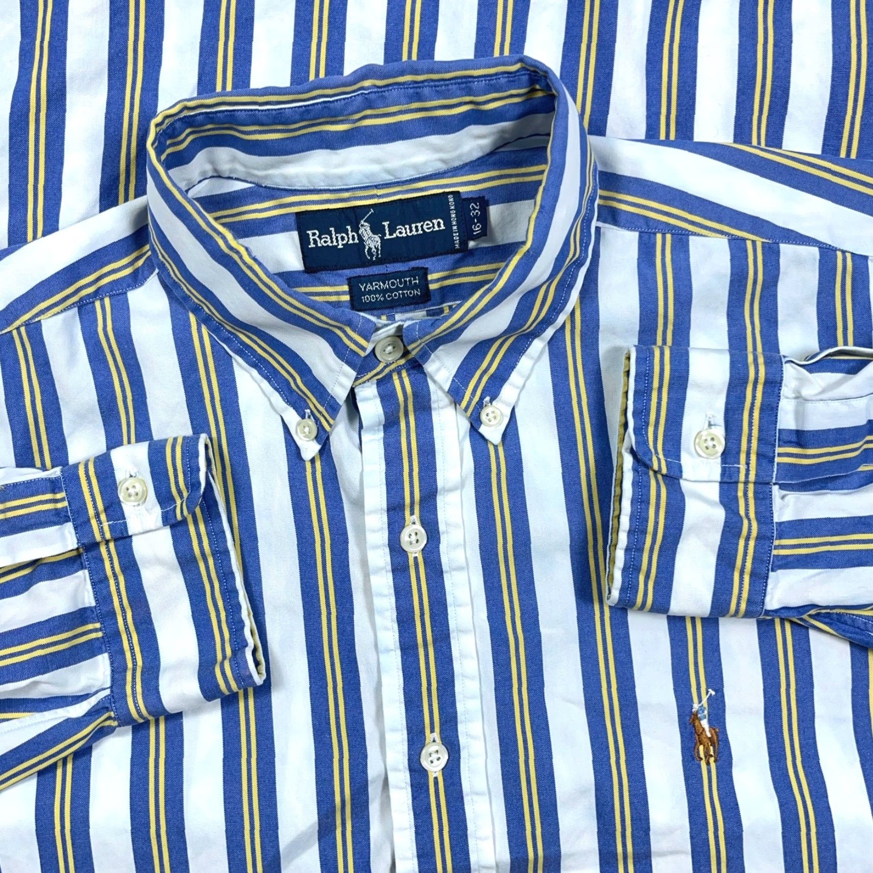 Ralph Lauren Ralph Lauren Button-Up Shirt Mens L Blue Yellow Striped Cotton Oxford Decorative Logo Button-Down Linen? Size US L / EU 52-54 / 3 - 2 Thumbnail