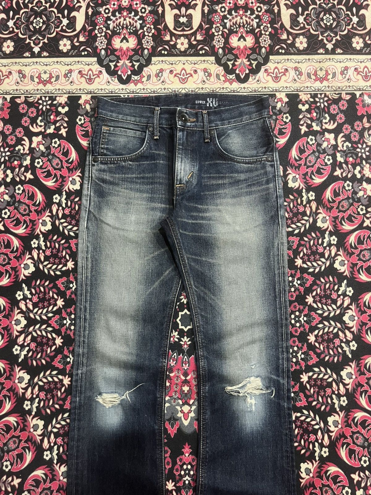 Tornado Mart Vintage Japanese Edwin XVS Dark Blue Faded Washed Flare Jean Size US 28 / EU 44 - 3 Thumbnail