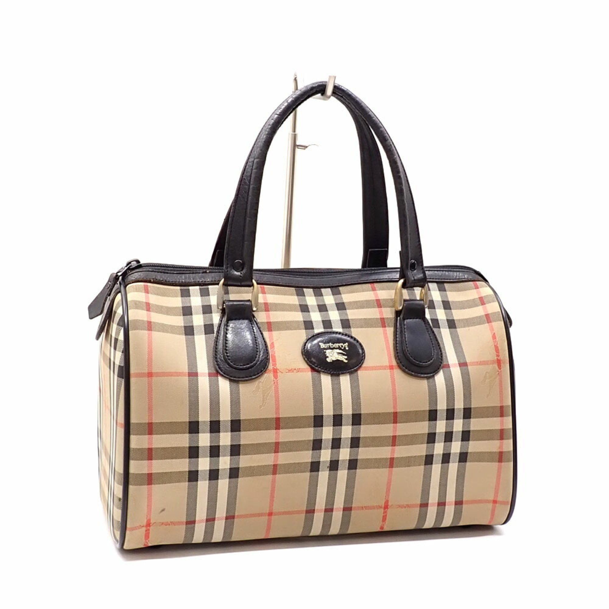 Burberry Boston Bag For Women, Beige, Black, Pvc, Leather, Mini Hand, Check Pattern, Women's