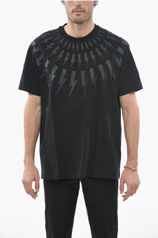 image of Neil Barrett Slim Fit Fairisle Thunderbolt Crew-Neck T-Shirt With Ton-On- in Black, Men's (Size 2XL