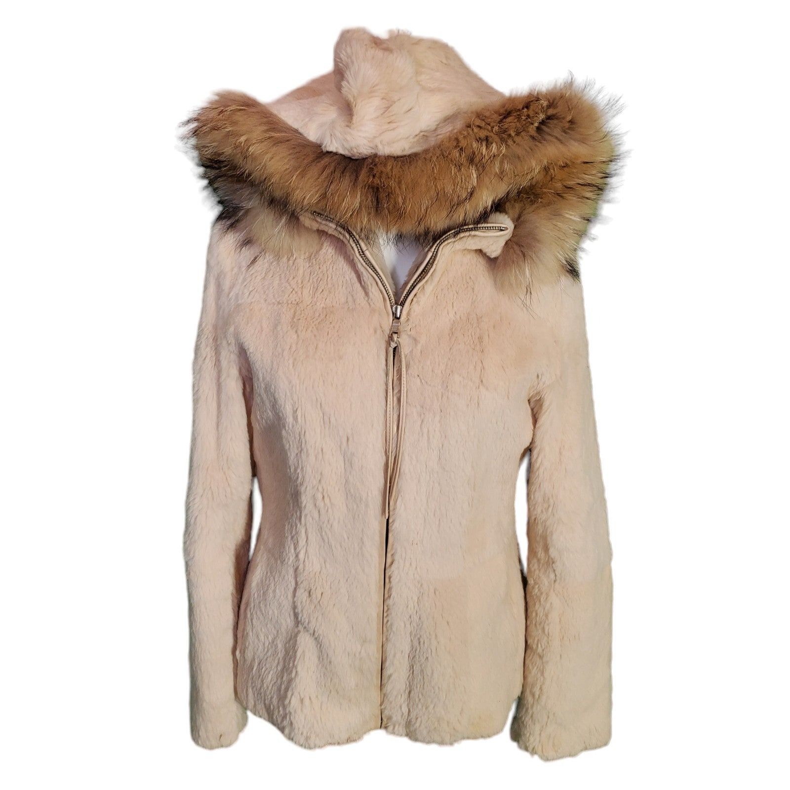 image of Andrew Marc Beige Sheared Rabbit Raccoon Trimmed Fur Hooded in Beige/Tan, Women's (Size Small)