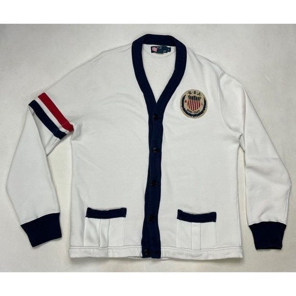image of Polo Ralph Laurent Usa Crest Patch Cardigan Sweater Large in White, Men's
