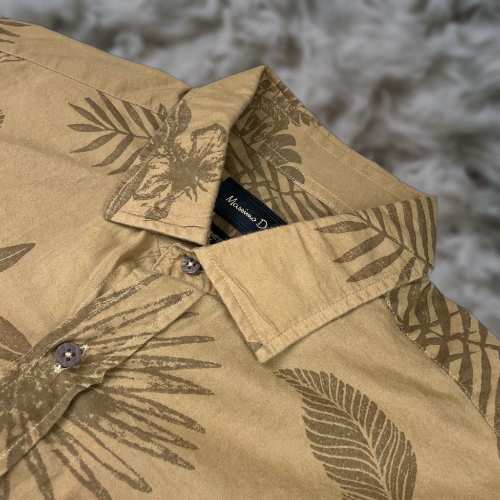 Massimo Dutti Button Shirt Men’s L/S Tan Floral Leaves Cotton Medium Casual Shirt