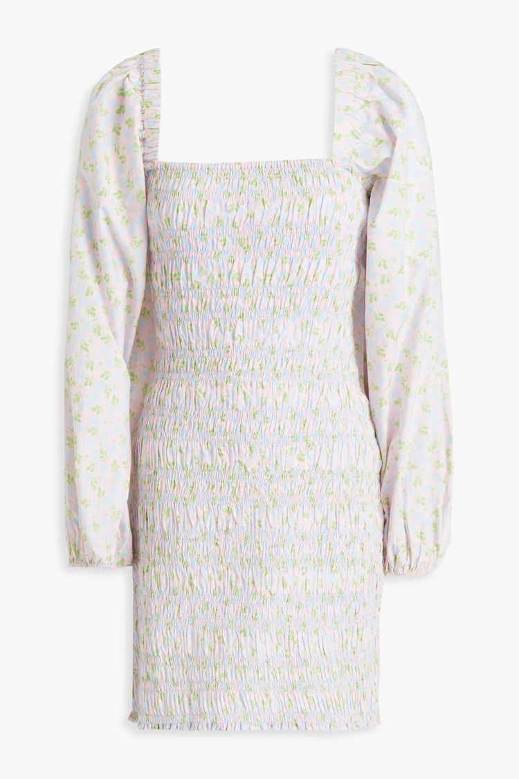 Ganni GANNI Shirred floral-print cotton mini dress Pastel pink Size L / US 10 / IT 46 - 3 Thumbnail