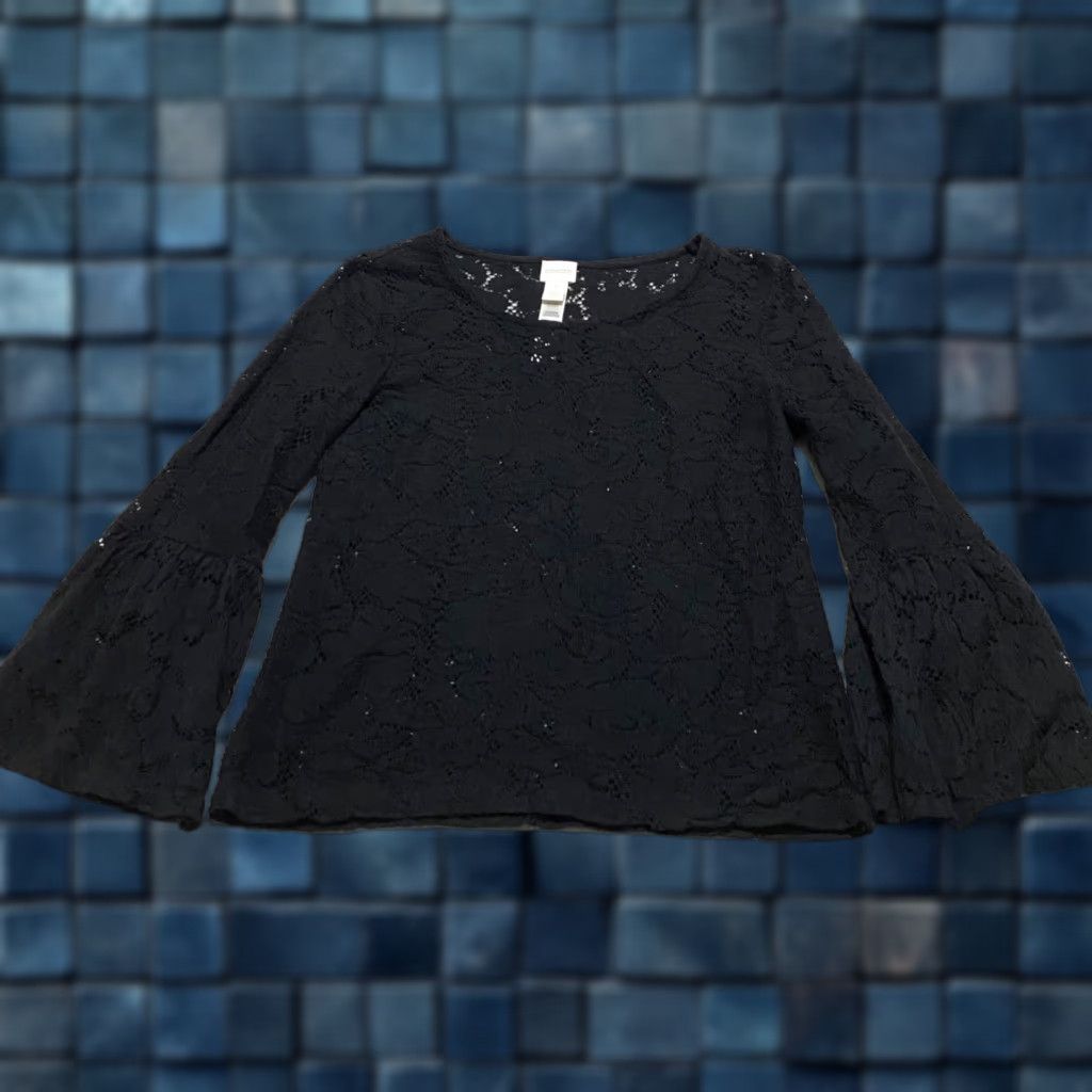 Vintage Chico's Blouse Shirt Womens Medium Black Lace Bell Sleeve Round Neck Crop Boho Size M / US 6-8 / IT 42-44 - 1 Thumbnail