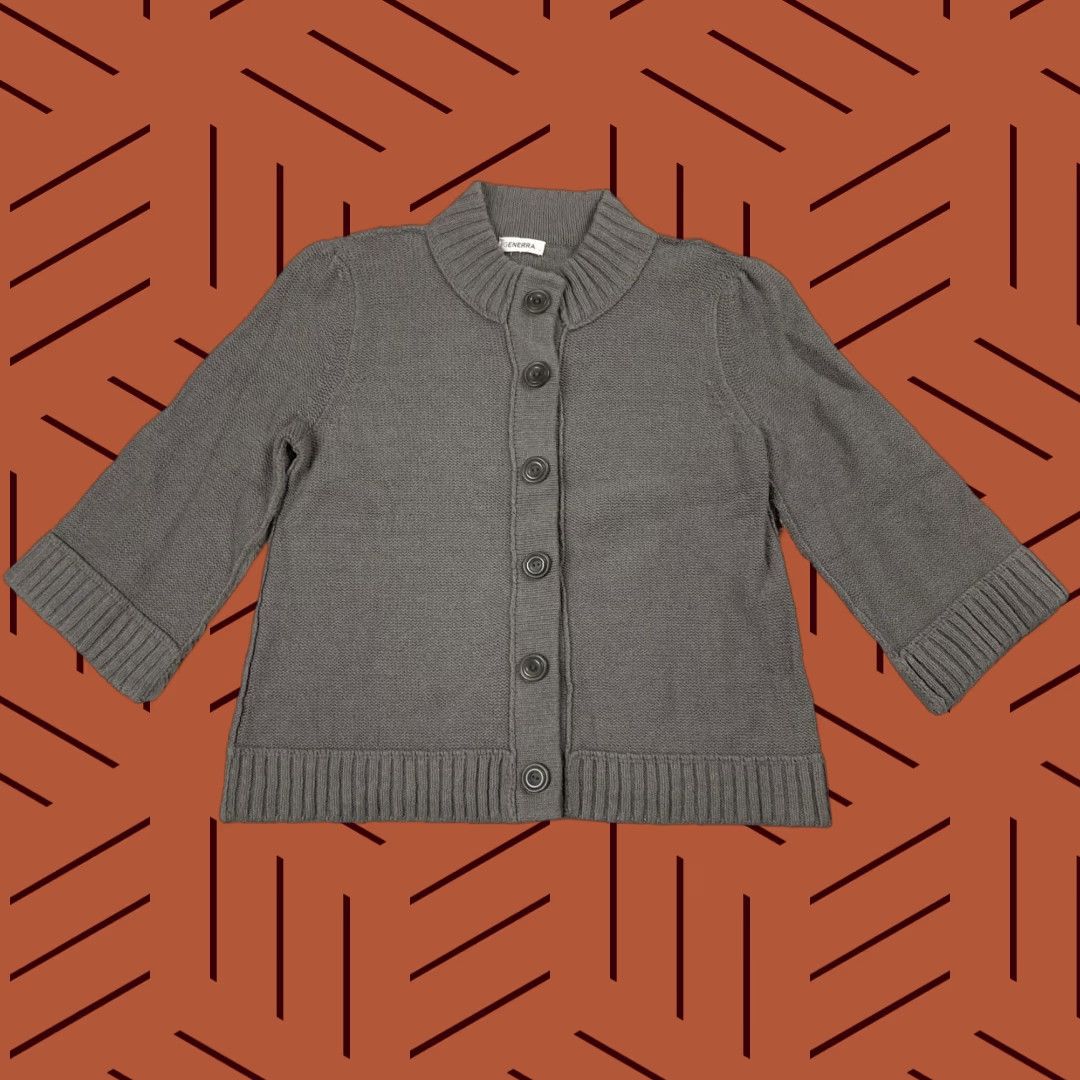 GENERRA WOMENS CARDIGAN GREY SIZE L CROPPED PREPPY KNIT BUTTON-UP LONG SLEEVE
