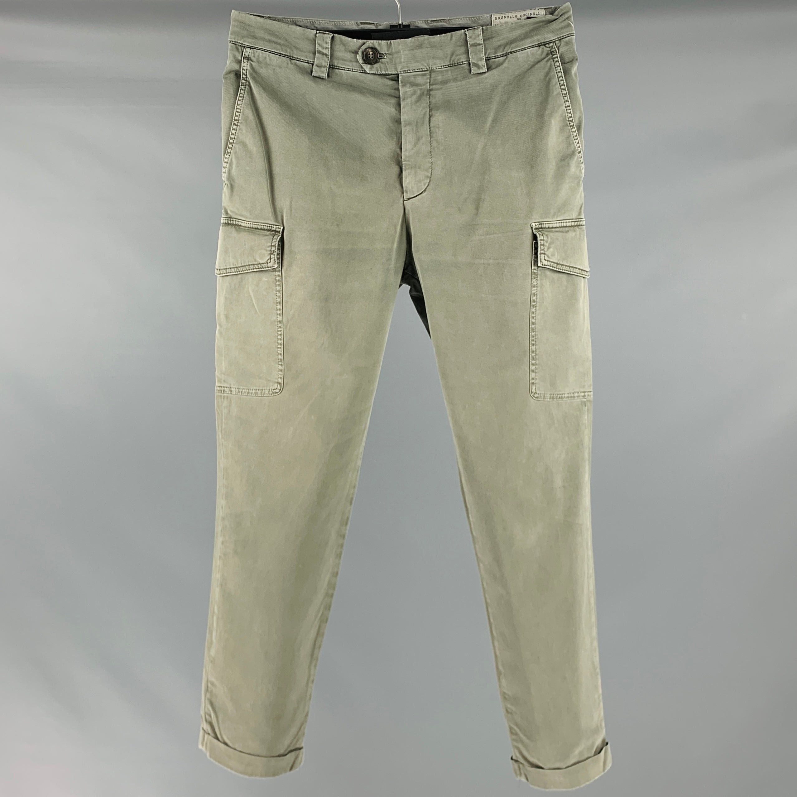 image of Brunello Cucinelli Khaki Cotton Elastane Cargo Casual Pants, Men's (Size 30)