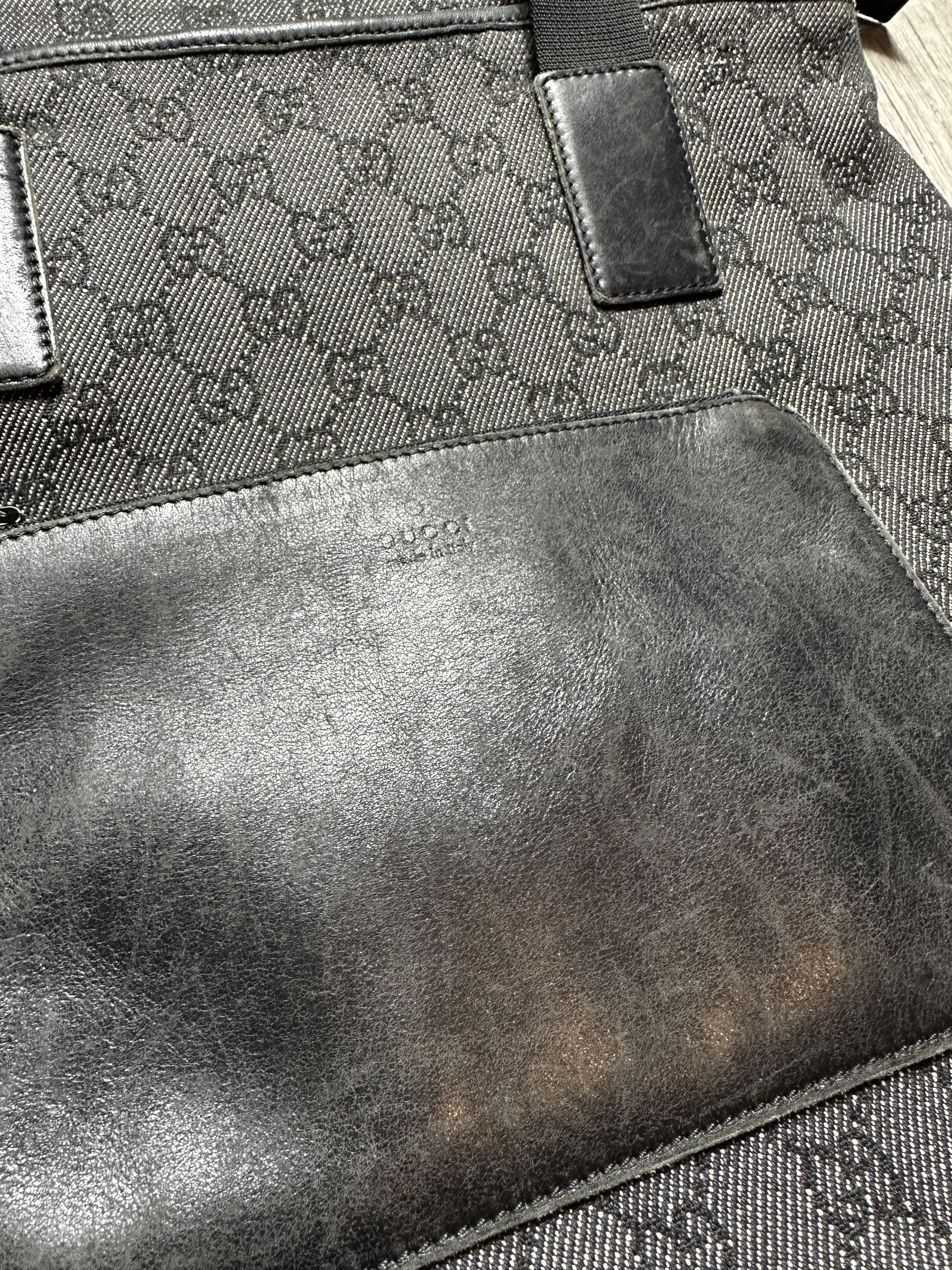 GUCCI GG Denim Canvas Tote Bag Black Leather Switch 28892