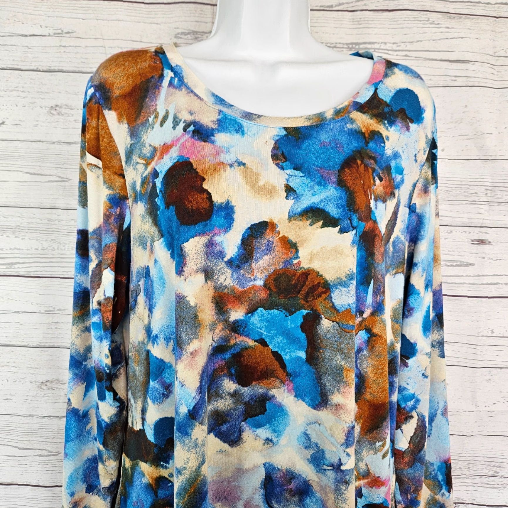 Vintage LOGO Lori Goldstein Womens Top Blouse Long Sleeve Size L Blue Brown Rayon Spandex Fit Basic 90s? Size L / US 10 / IT 46 - 2 Thumbnail