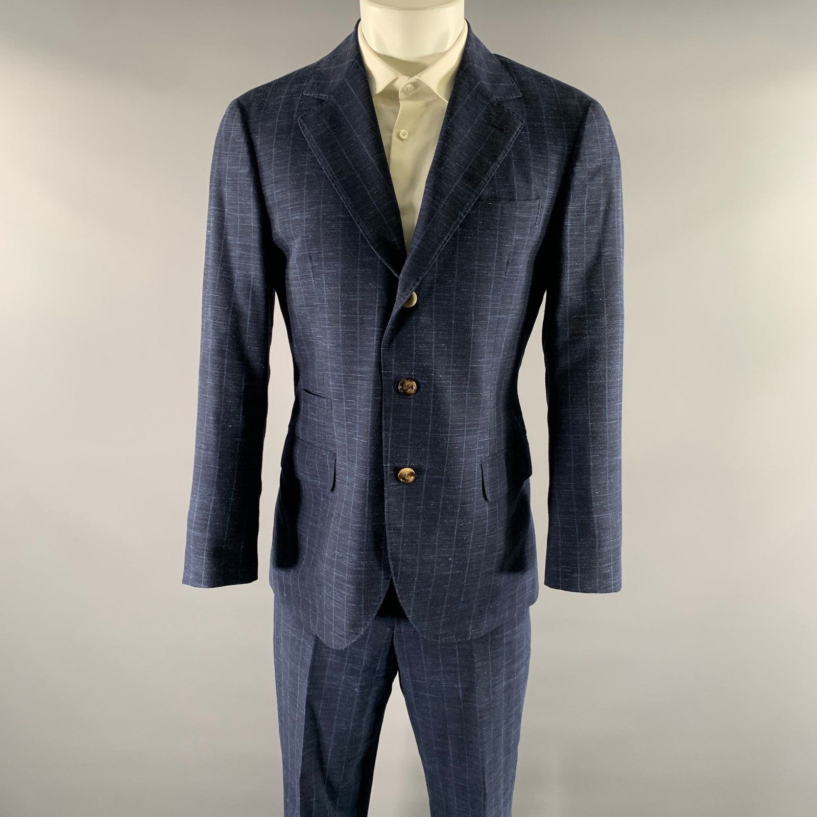 Brunello Cucinelli BRUNELLO CUCINELLI 38 Navy Window Pane Wool Blend Suit Size 38R - 1 Thumbnail