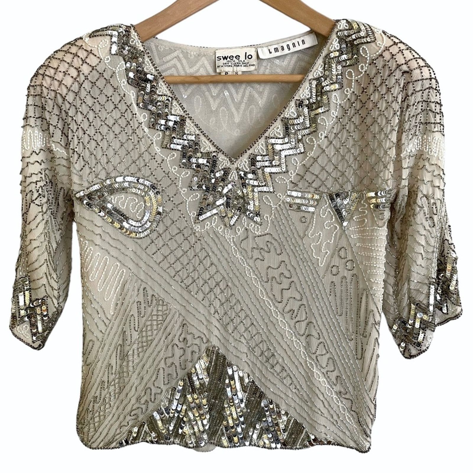 I. Magnin × Vintage Vintage Swee Lo for I. Magnin Beaded Sequin Silk Top Blouse Size S / US 4 / IT 40 - 1 Thumbnail