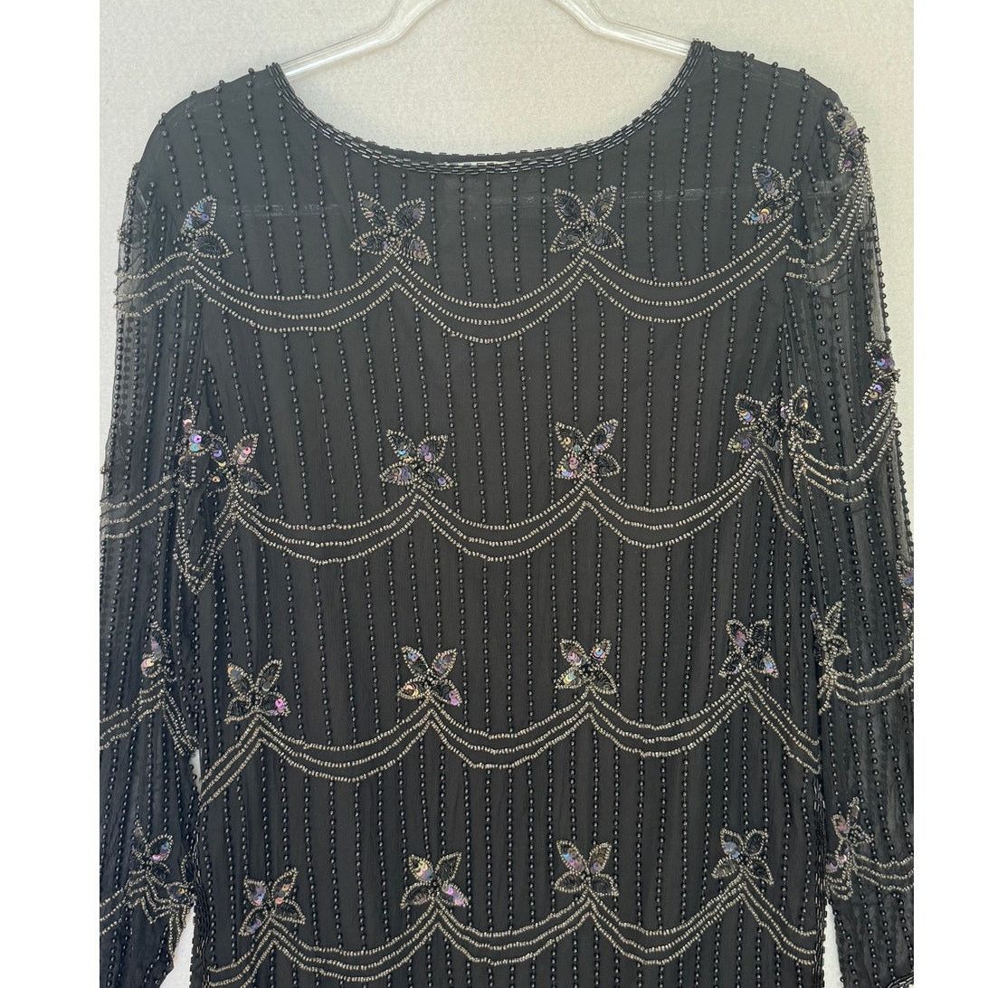 Vintage 1990s Papell Boutique Silk Beaded Sequin Top Black S/M Size S / US 4 / IT 40 - 7 Thumbnail