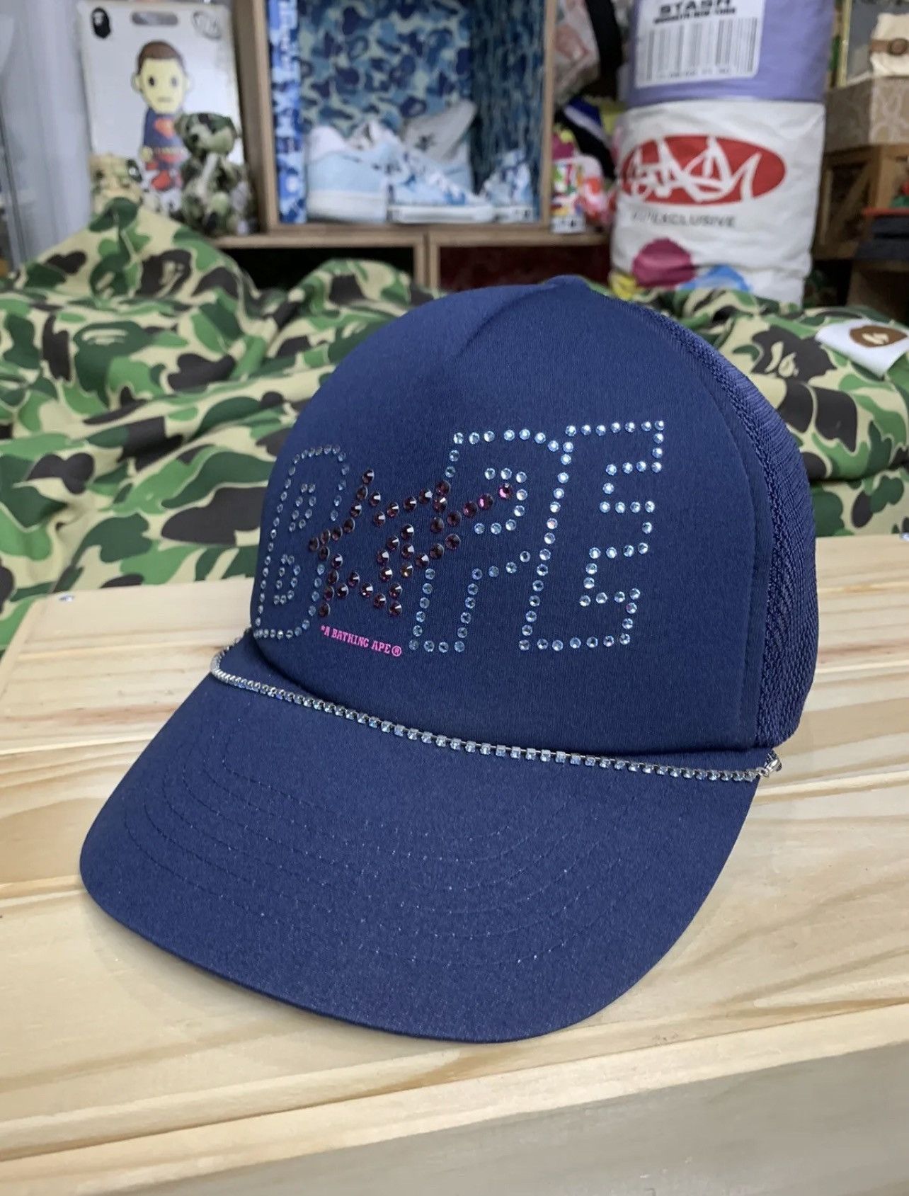 image of Og A Bathing Ape Bape Sta Swarovski Crystal Navy Trucker Hat in Blue, Men's