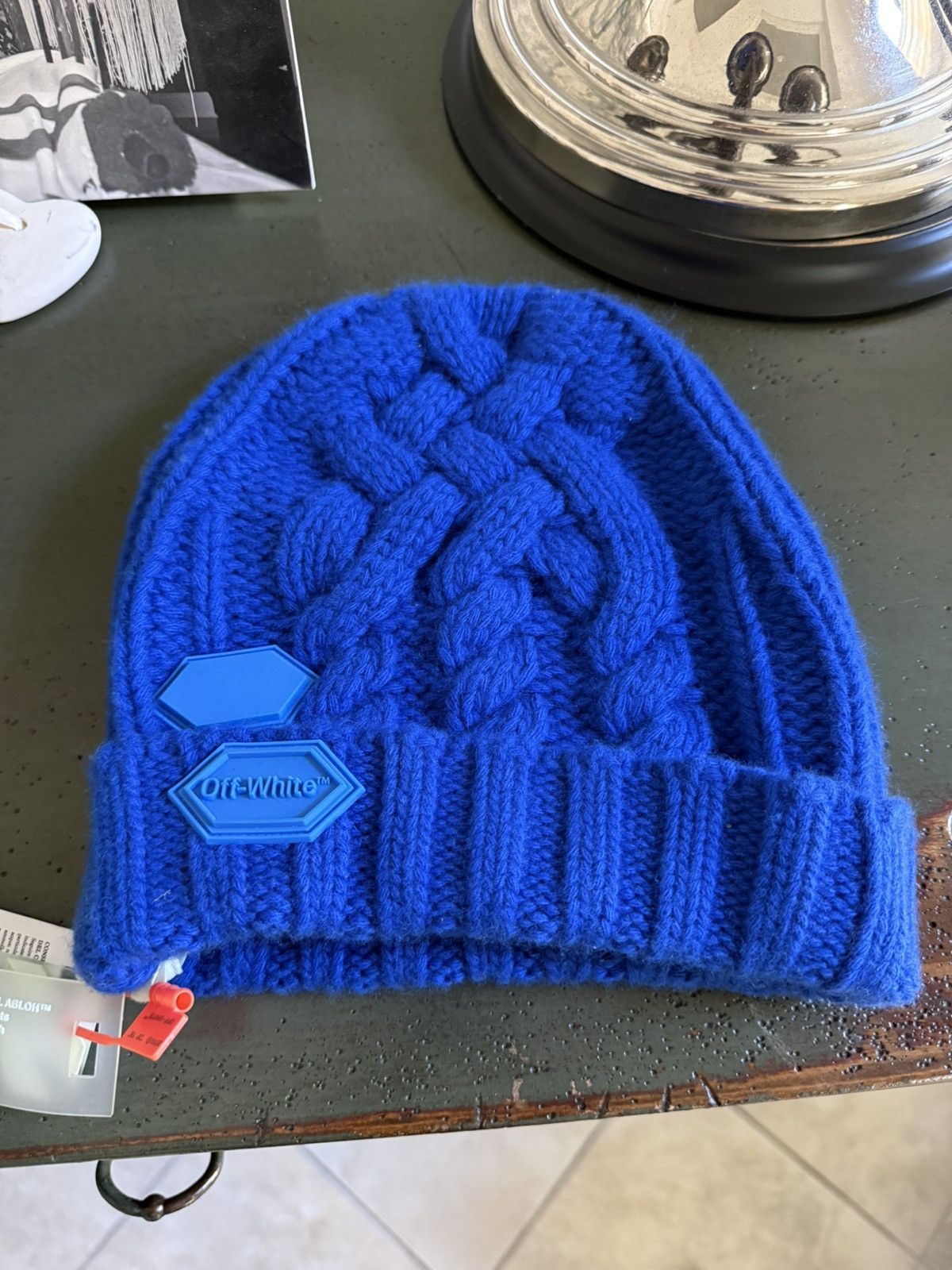 Off-White Off-White Blue Cable Knit Beanie – OS – Rare Color Size ONE SIZE - 1 Thumbnail