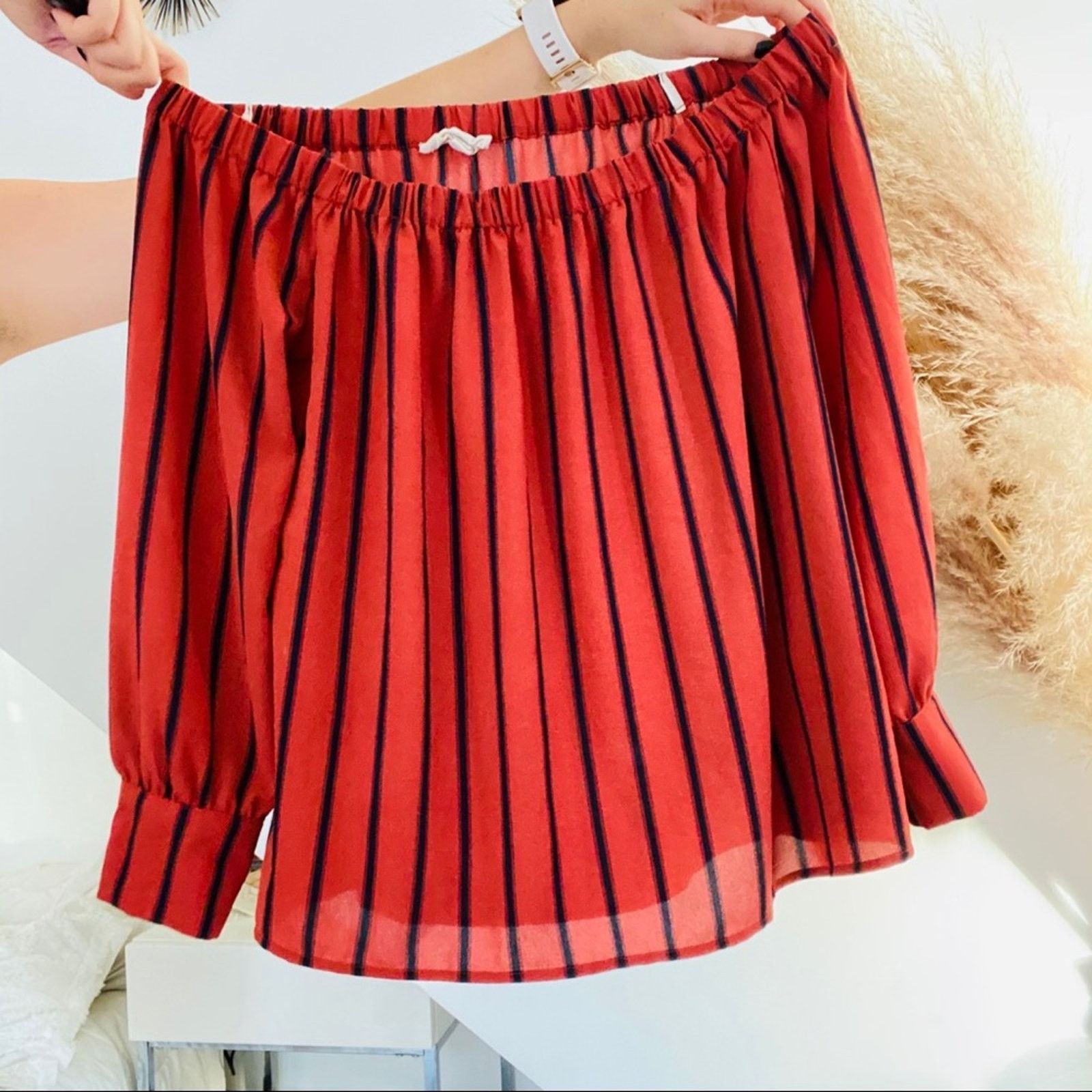 Urban Outfitters UO Off Shoulder Striped Red Long Sleeve Blouse Top Shirt Size M / US 6-8 / IT 42-44 - 5 Thumbnail
