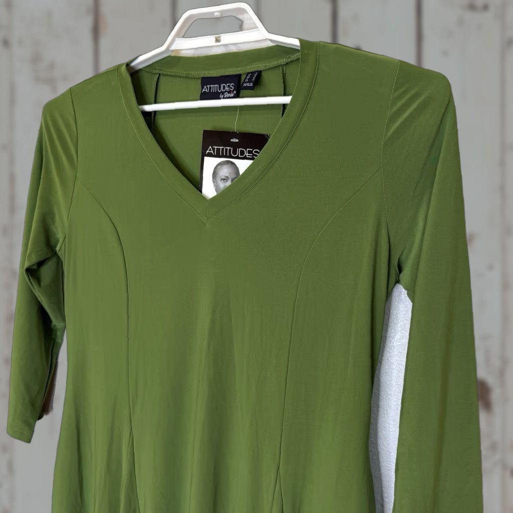 Vintage VINTAGE Attitudes by Renee Como Jersey Midi Swing A-Line Dress Size Small Solid Green 3/4 Sleeve V-Neck Stretch Womens Size S / US 4 / IT 40 - 1 Thumbnail