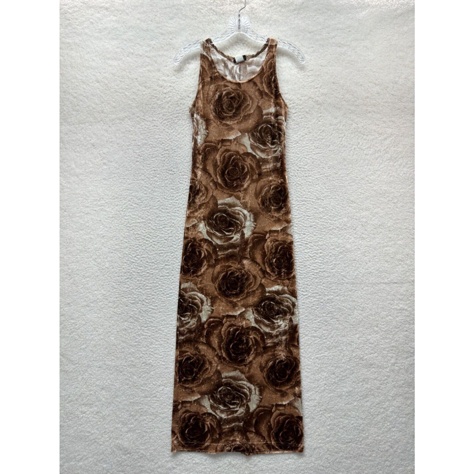 image of 90's Vintage Maxi Dress S Small Tan Brown Rose Crushed Velvet Slit Cyber Grunge in White, Women's