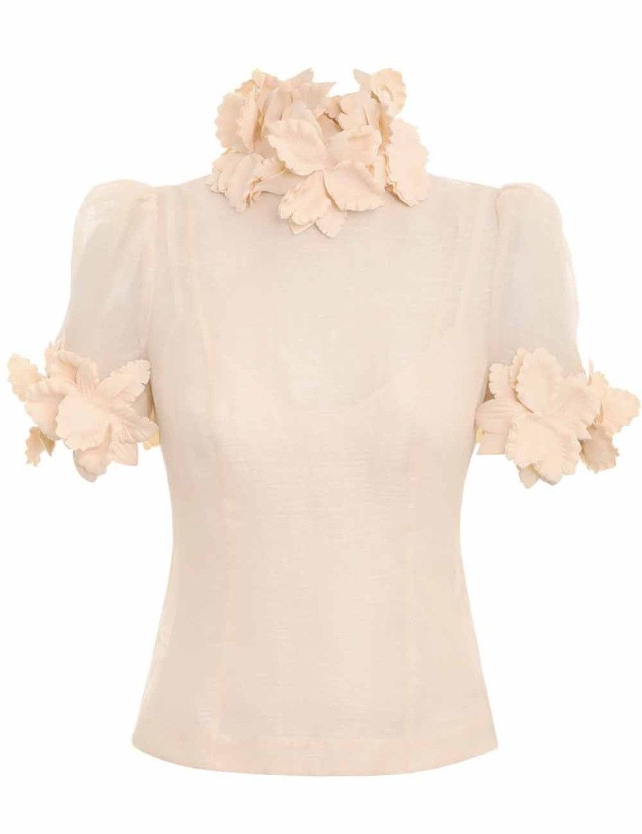 oc11z0225 Luminosity Liftoff Flower Blouse in Beige