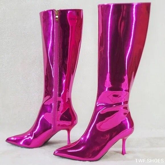 Other Static Shiny Metallic Fuchsia Knee Boots 3" Kitten Heels (US Size US 9 / IT 39 - 6 Thumbnail